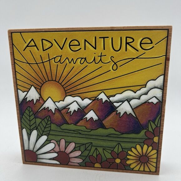 Adventure Awaits Wood Burned Sign Primitives by Kathy Mountain Wildflowers Sun - Picture 1 of 6